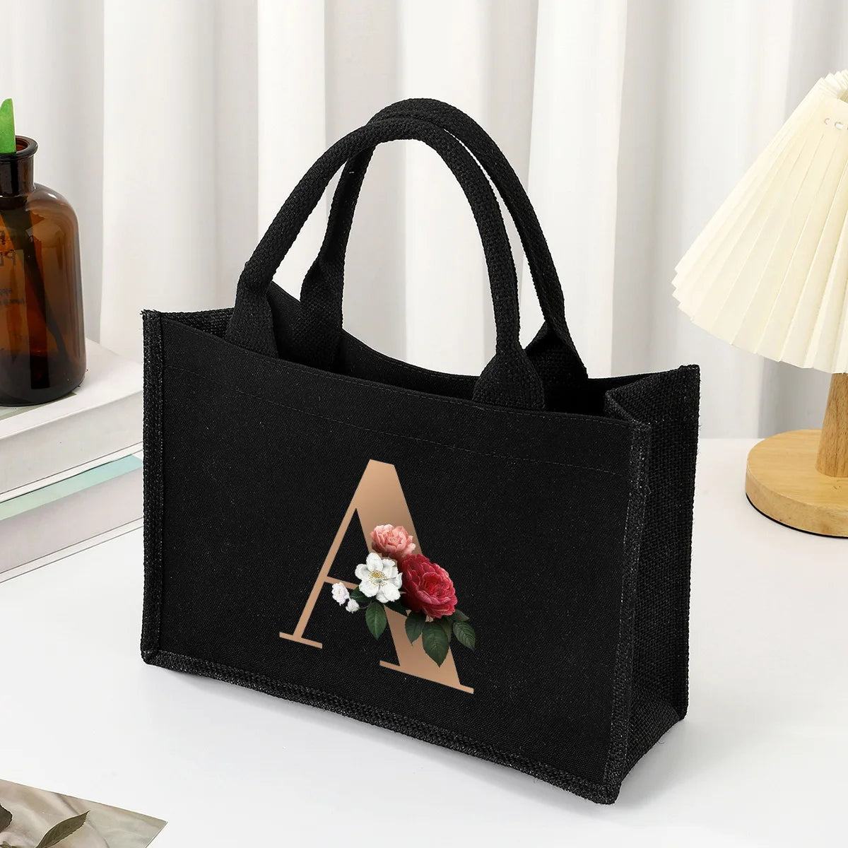 sac main femme noir toile lettres dorées fleurs poignées détachables grand moderne