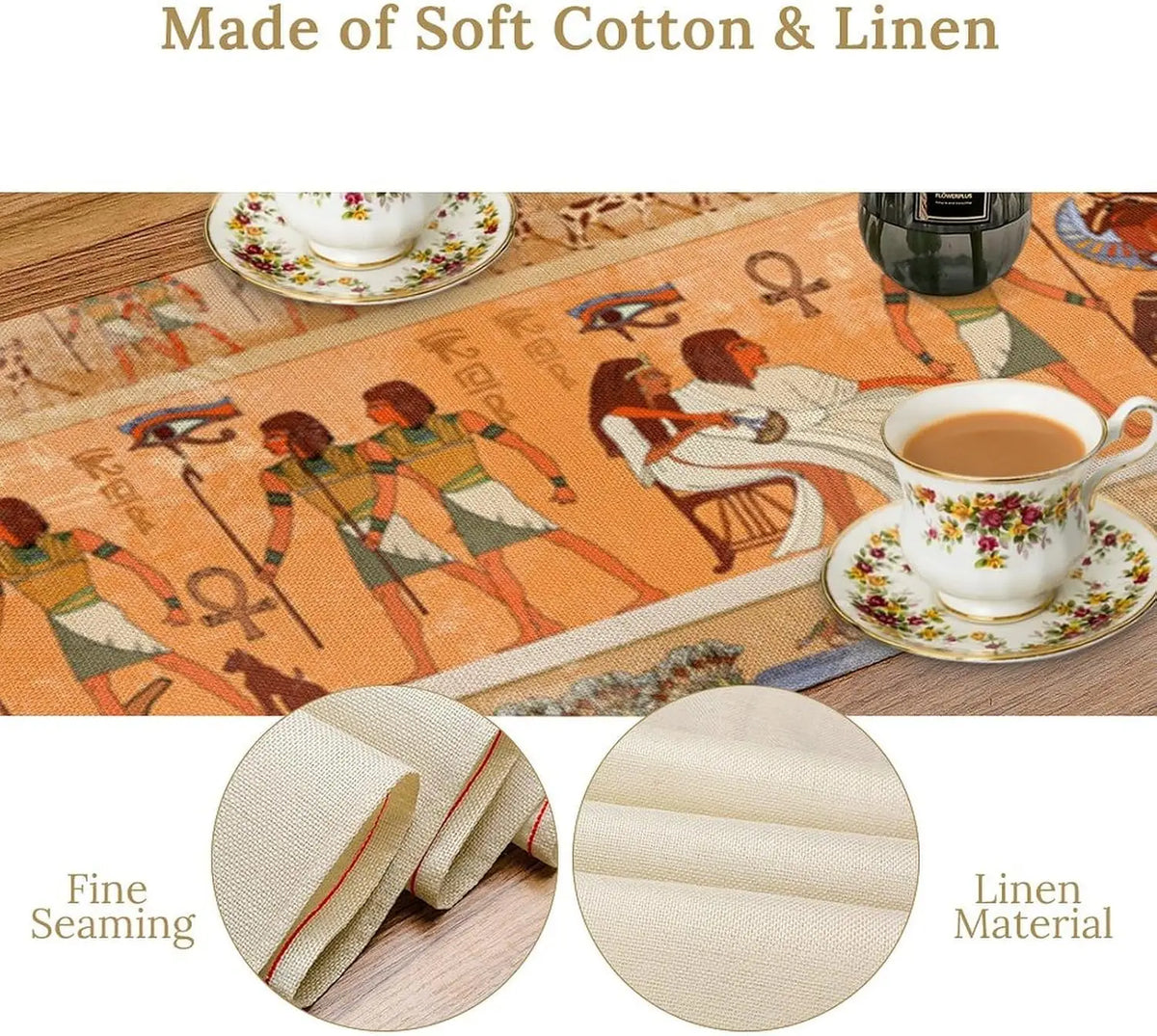 nappe runner égyptienne ancienne motifs hiéroglyphes personnages animaux oiseaux texture lin
