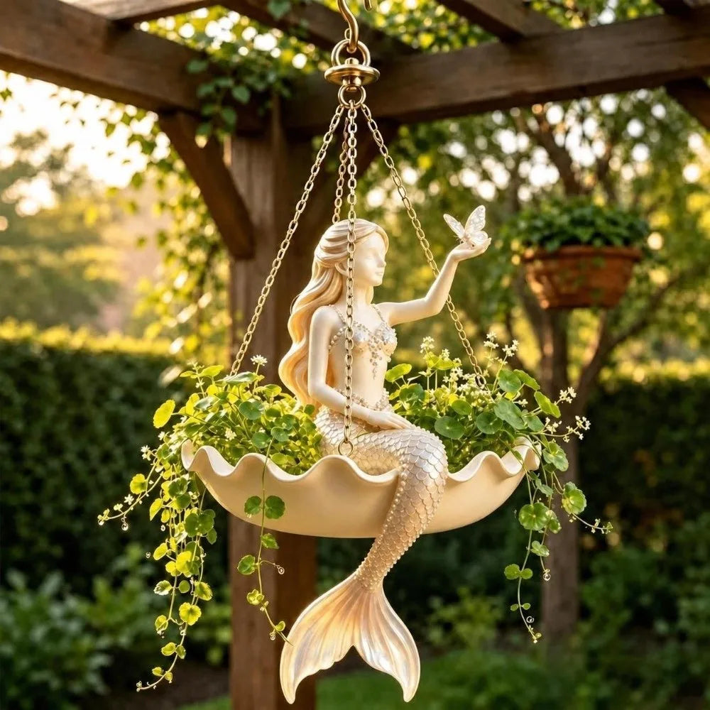 cache pot suspendu résine feuilles vertes figurine sirène classique romantique oiseau doré decoration plantes