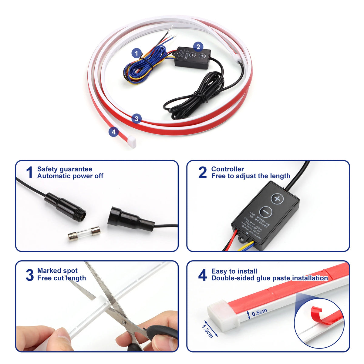 barre lumineuse voiture rouge blanche rayures horizontales adhésif moderne étanche ip66 led clignotante 12v