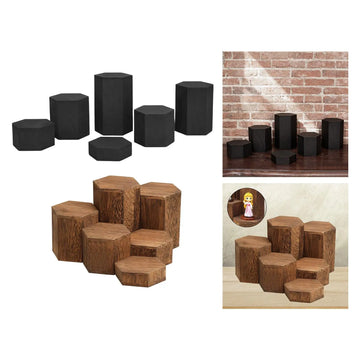 présentoirs hexagonaux bois noirs socles modulaires rustiques supports display stands figurines bijoux minimaliste