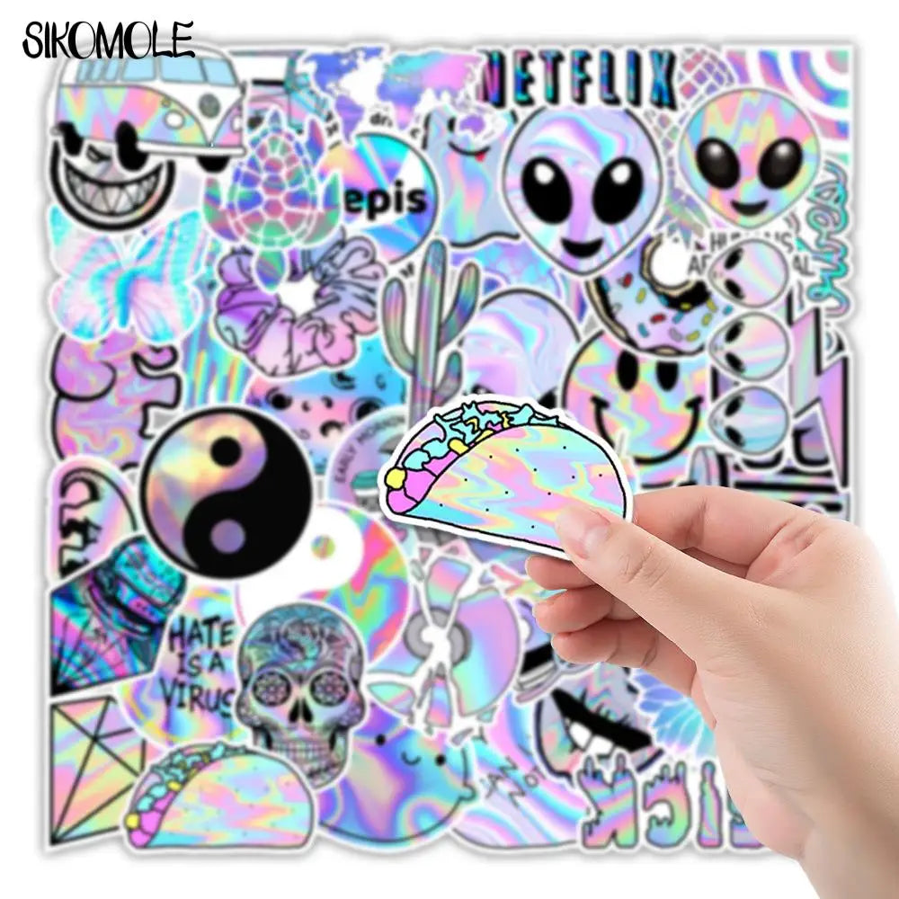 stickers holographiques assortiment violet rose bleu motifs véhicules animaux alimentos symboles personnages adhésifs
