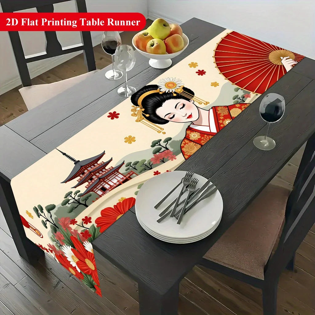 table runner japonais traditionnel motif kimono fleurs table couverts assiettes verres bougies printemps été