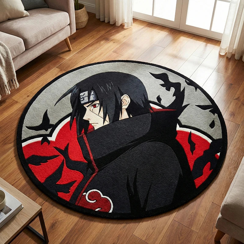 tapis rond dessin animé itachi uchiha gris noir rouge moderne chambre salon 80cm 100cm