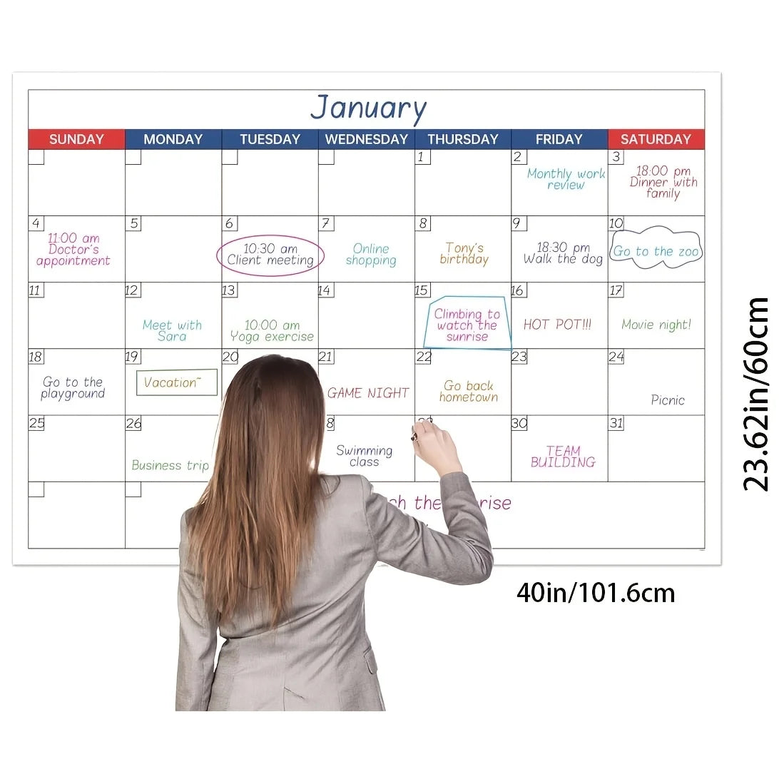 calendrier mural blanc bleu vert rose noir grille dates moderne pratique autocollants adhésifs undaté