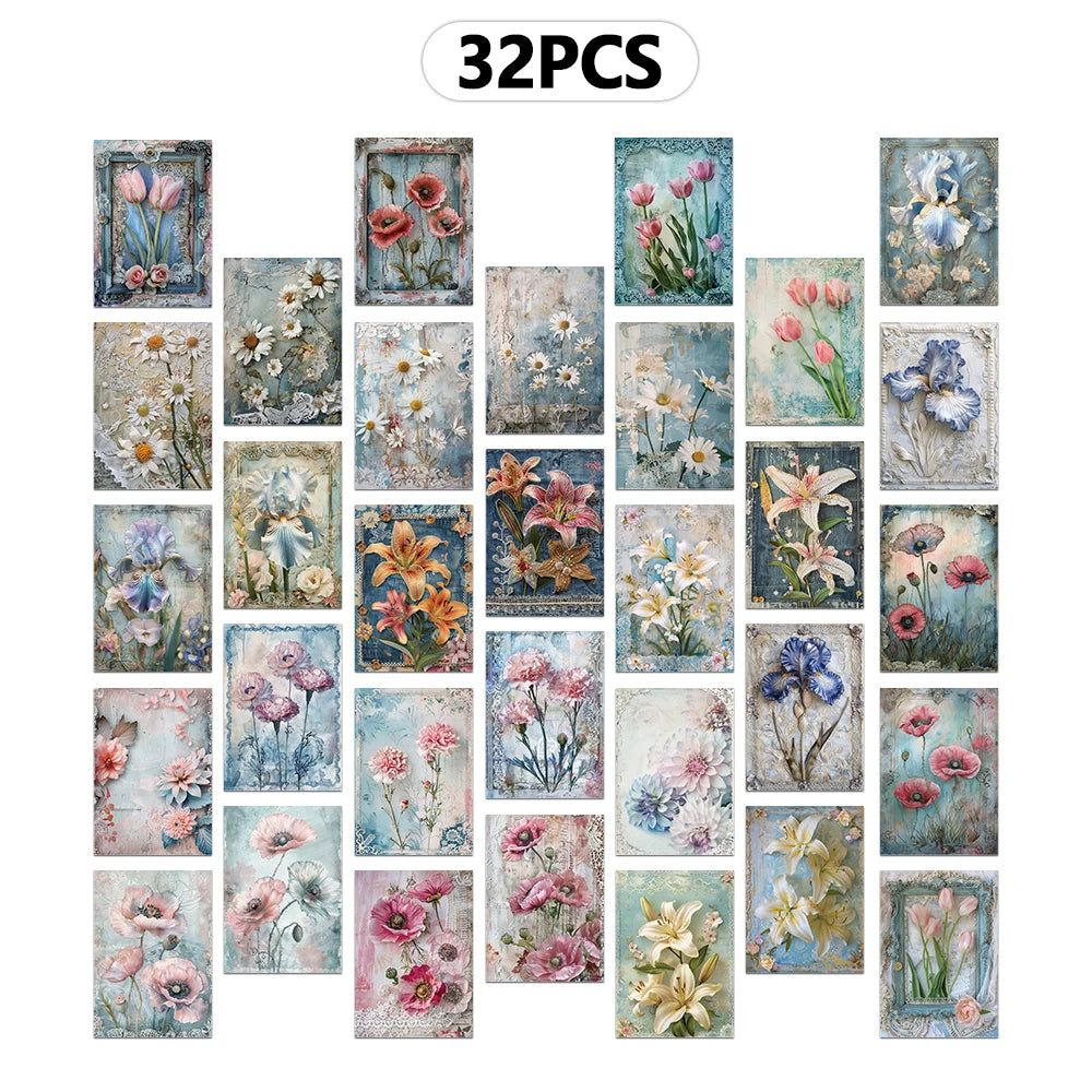 cartes postales fleurs vintage romantique lys pivoines marguerites dentelle cadre ancien bleu rose