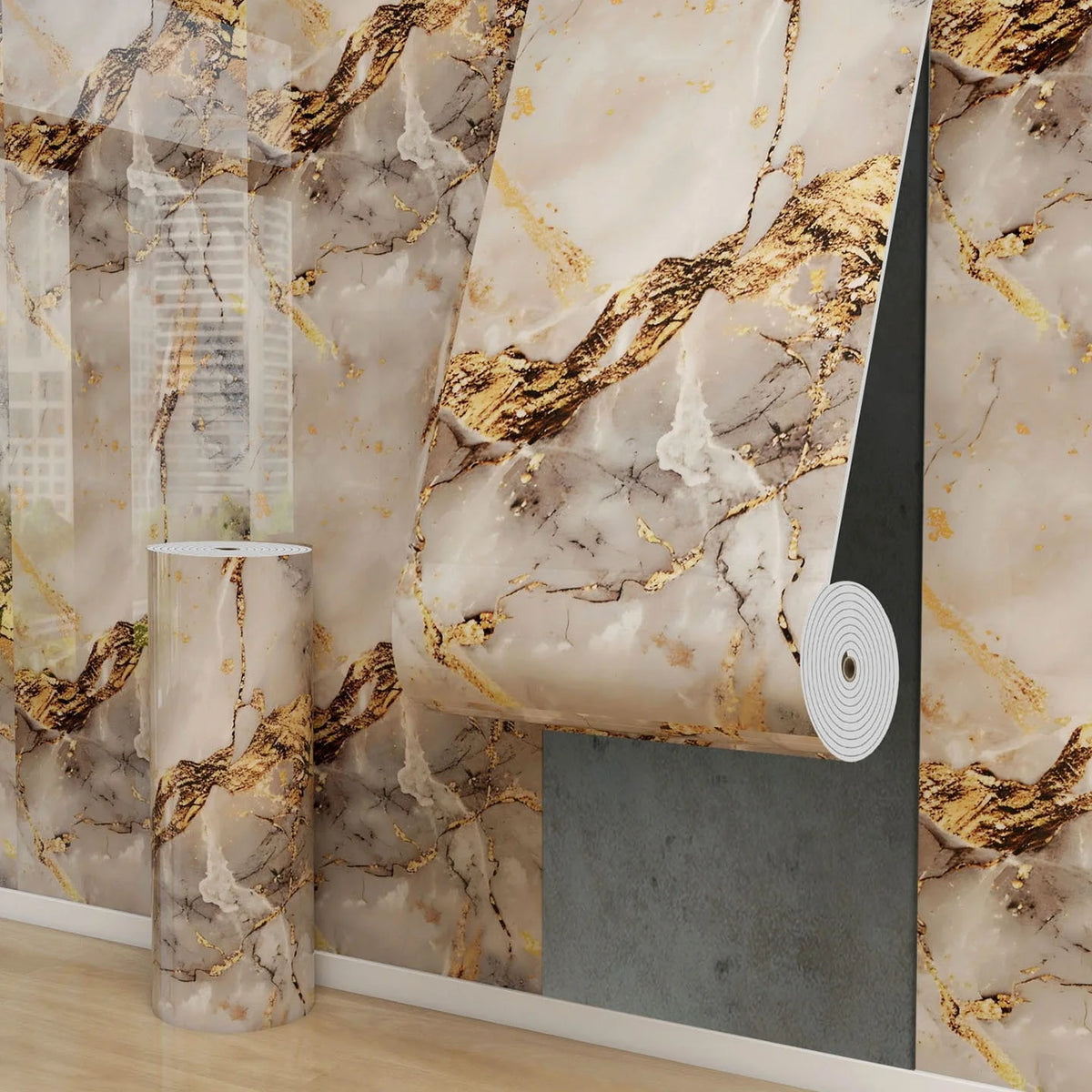 papier peint autoadhésif marbre moderne veines dorées résistant l'eau blanc gris or chambre cuisine