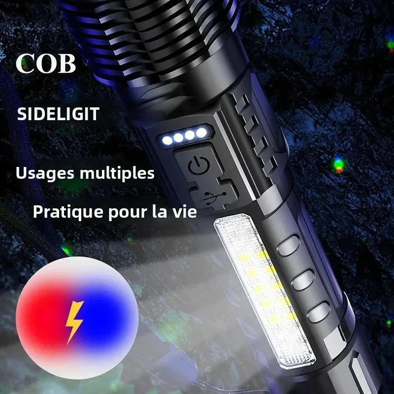 lampe poche rechargeable led tactique noire texturée moderne câble usb charge 20w modes variateurs