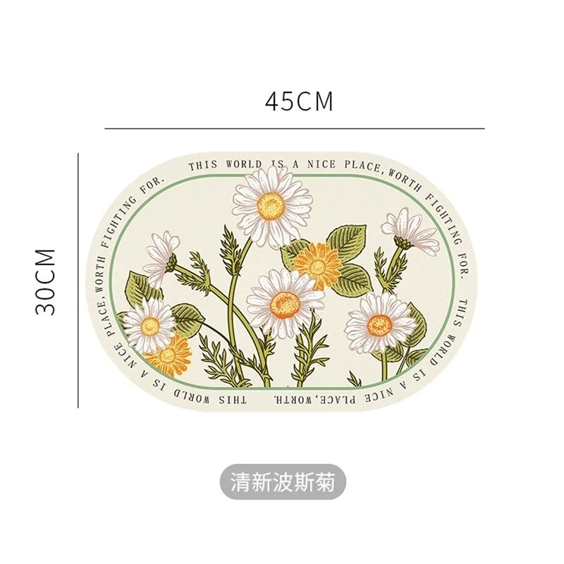 tapis table graphique fleurs blanches jaunes feuilles vertes texte noir respectueux environnement rond