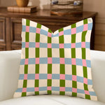 coussin carré moderne polyester imprimé rayures léopard ammonite bleu rouge vert blanc diagonal horizontal