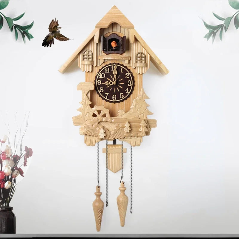 pendule bois sculpté chalet horloge murale quartz arbres cheminée rustiqueDecorationSalonCadeauTraditionnel