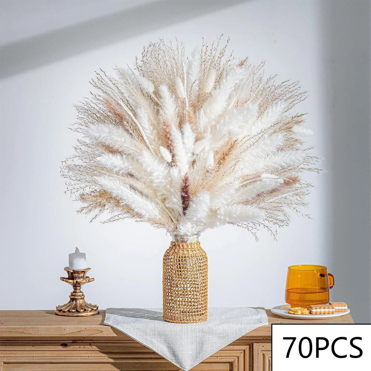 bouquet fleurs séchées pampas blanches décoration intérieure mariage anniversaire boho bois ruban jute vase