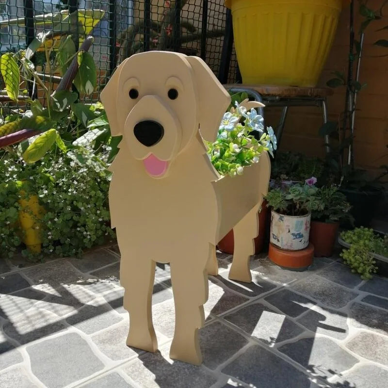 cache pot chien forme cartoon blanc beige marron noir rose vert détails visage plante