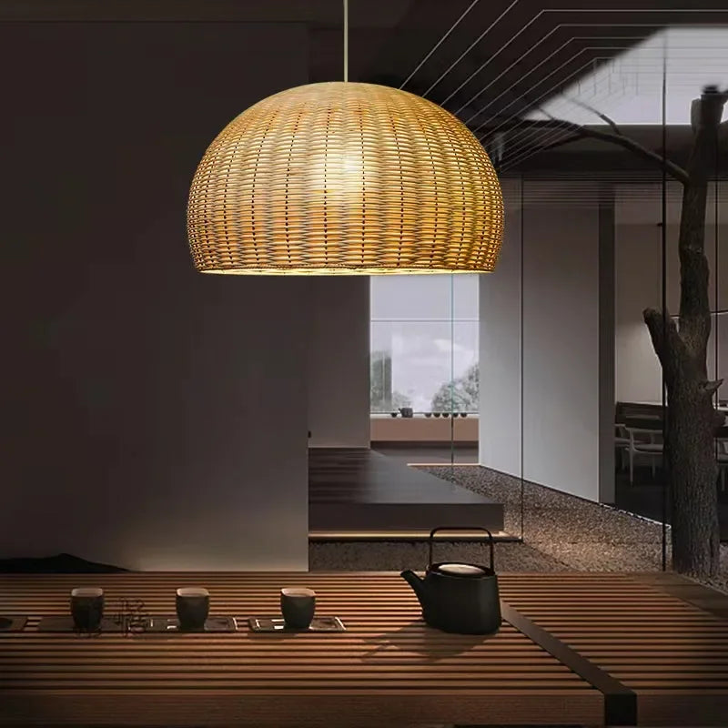 Suspension lumineuse rotin naturel moderne salon chambre rustique led pendentif chaîne métallique