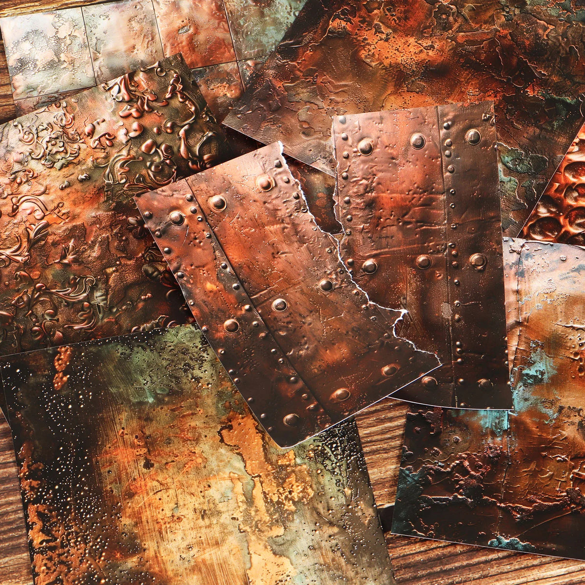 feuilles decoratives mottled copper cuivre orange marron vert rustique motifs vieillis adhesives industriels vintage