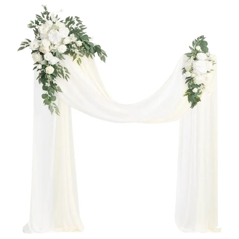 arche décorative fleurs artificielles blanc rose feuilles vertes tissu translucide décoration mariage anniversaire extérieur