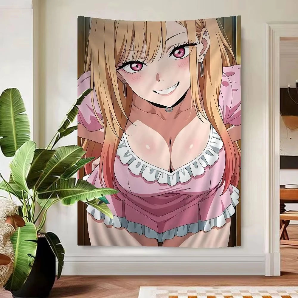 tapisserie murale anime fille rose fleurs coeur décoration chambre bohème japonais textile tissu