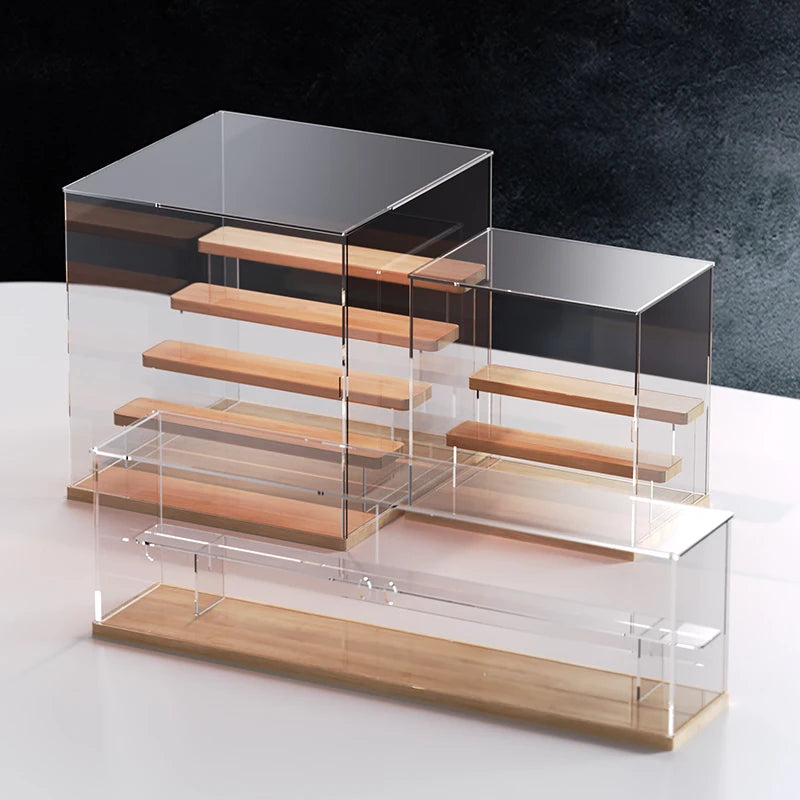 étagère figurines transparente moderne bois clair réutilisable pliable organisateur collection carrée respectueuse environnement minimaliste