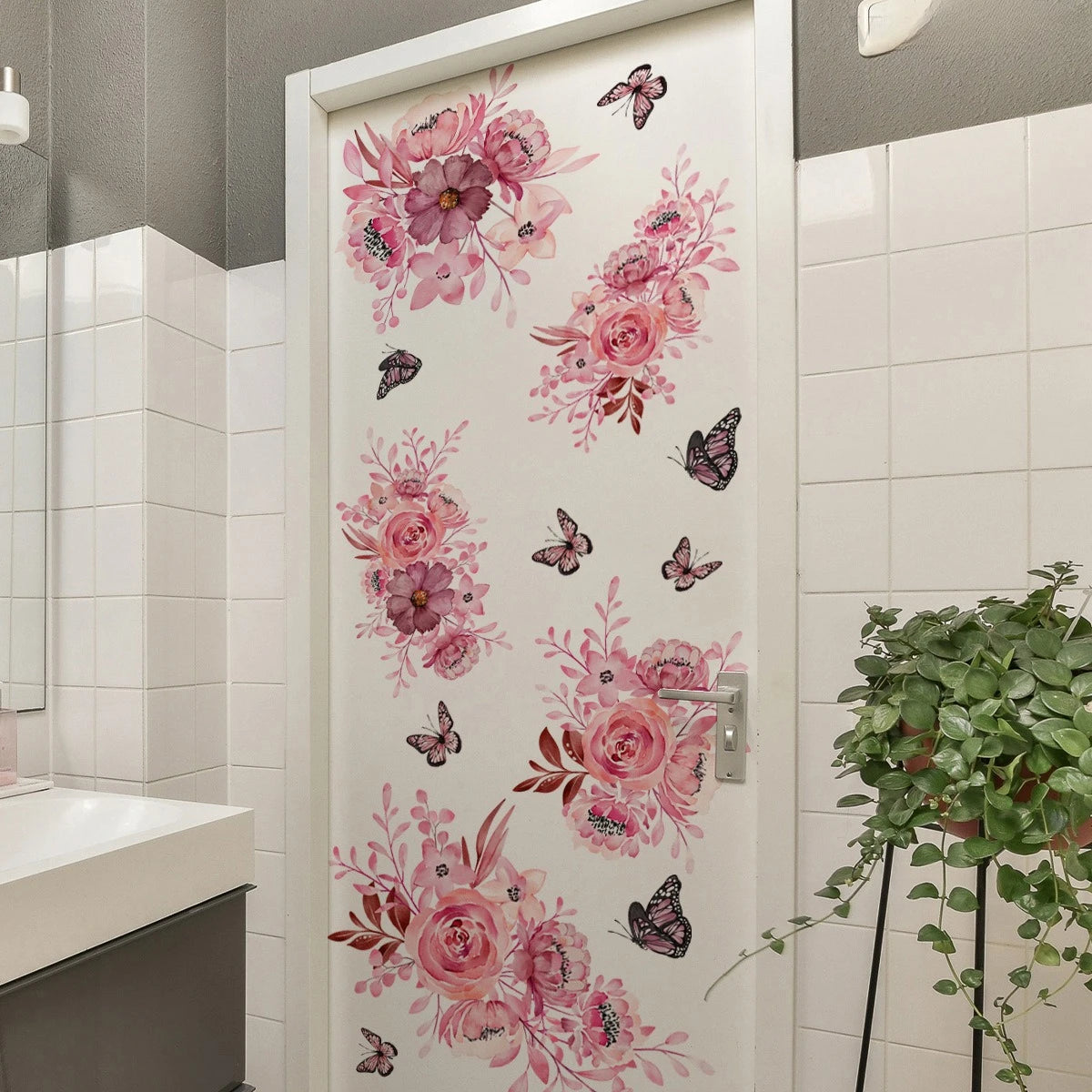 sticker mural adhésif amovible fleurs aquarelle romantique floral féminin rose fuchsia blanc noir pivoine