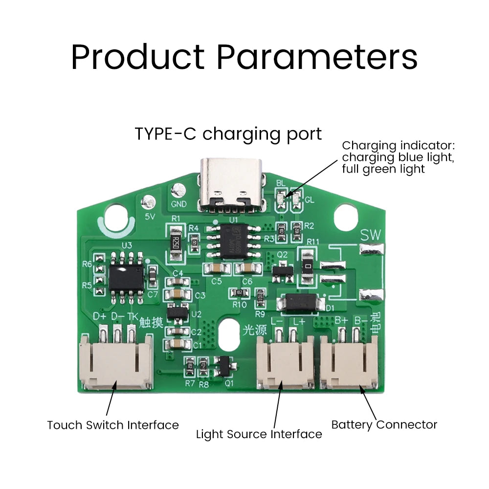 lampe tactile usb charge batterie led protection yeux module électronique vert interface tactile bleu