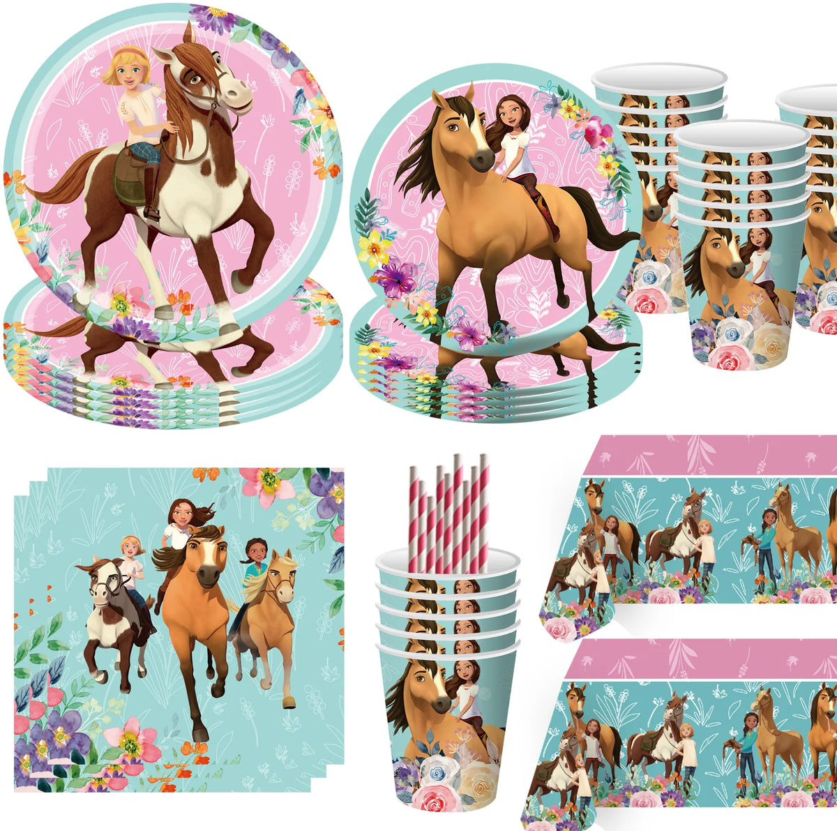 assiettes anniversaire chevaux filles fleurs nappe table enfant illustration mariage noël fêtes