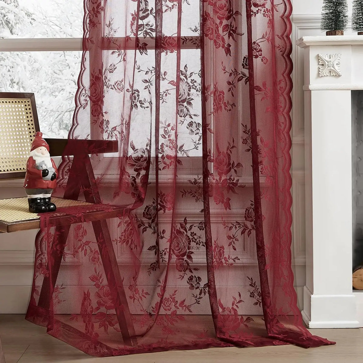rideaux floral roses translucides décoration noël tringle salon