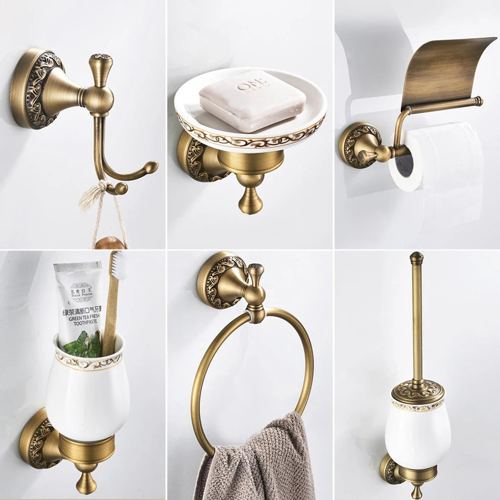 accessoires salle bain bronze ornements floraux porte savon serviette dentifrice gobelet cheveux classic vis