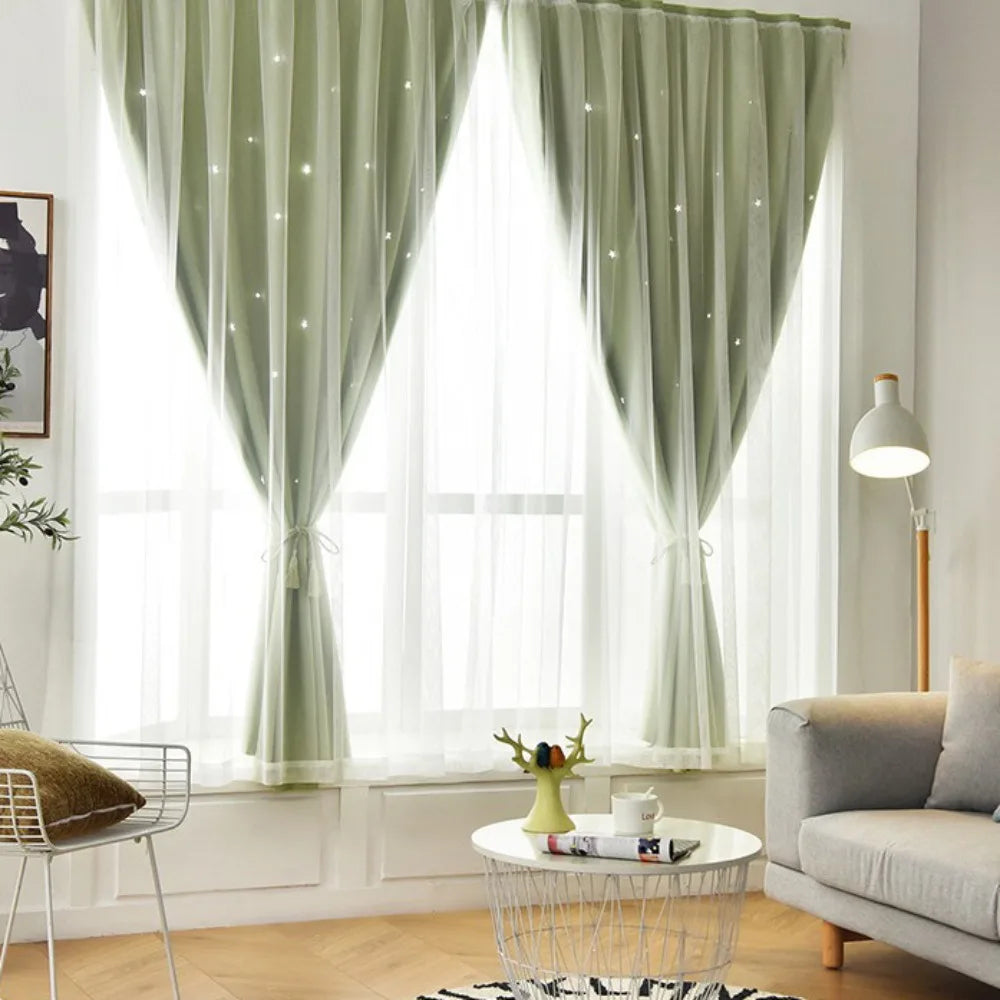 rideau moderne étoiles blancs gris clair bleu clair beige vert rose polyester translucide chambre