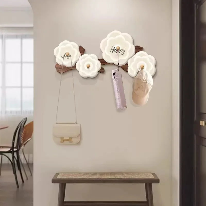 porte clés mural décoratif fleurs stylisées oiseaux blanc marron fixations sacs parapluies