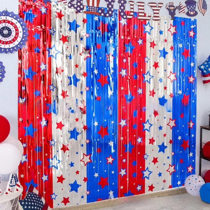 rideau décoratif rouge bleu blanc rayures étoiles adhésif festif anniversaire fête indépendance américain