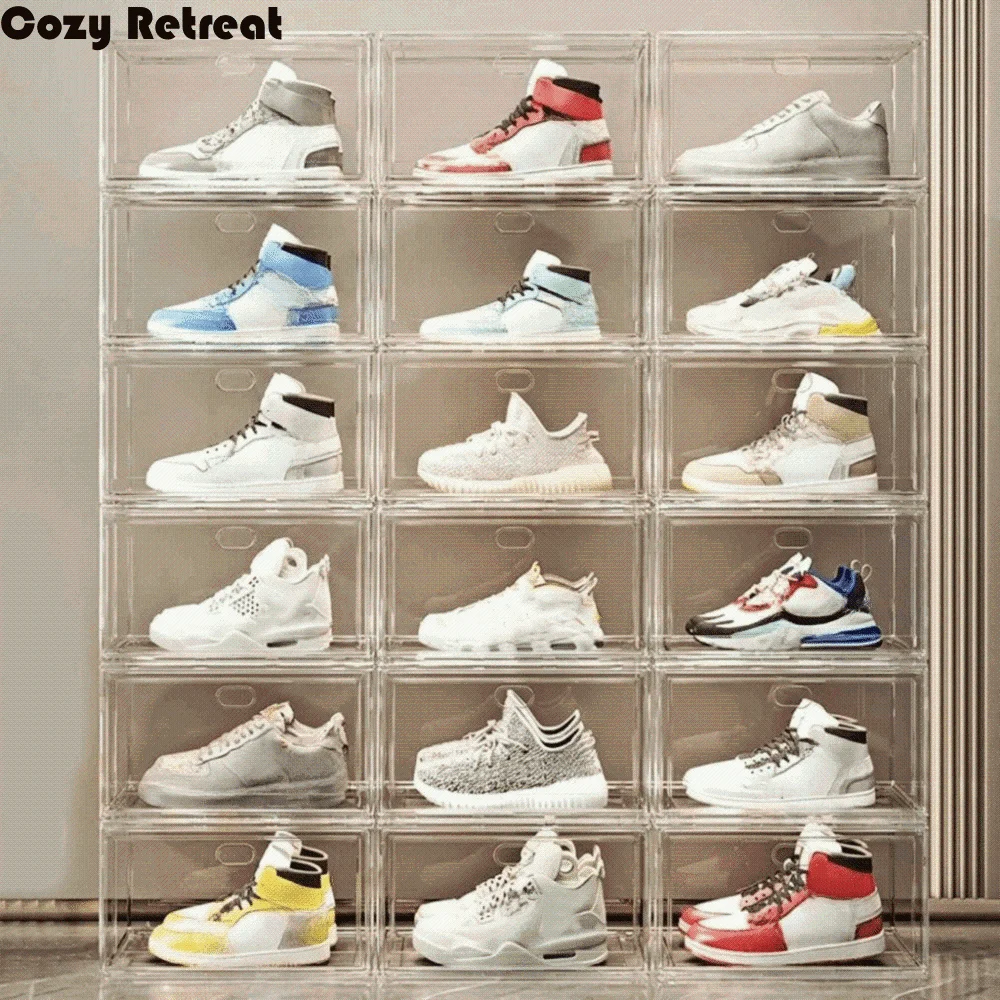 boîtes rangement chaussures transparentes modernes minimalistes empilables sans fixation vue claire sélection facile organisation