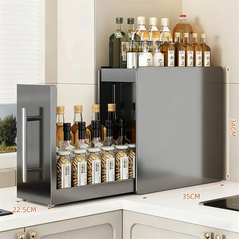 rangement cuisine blanc moderne cuillères bouteilles sauces épices poignées métalliques sans assemblage