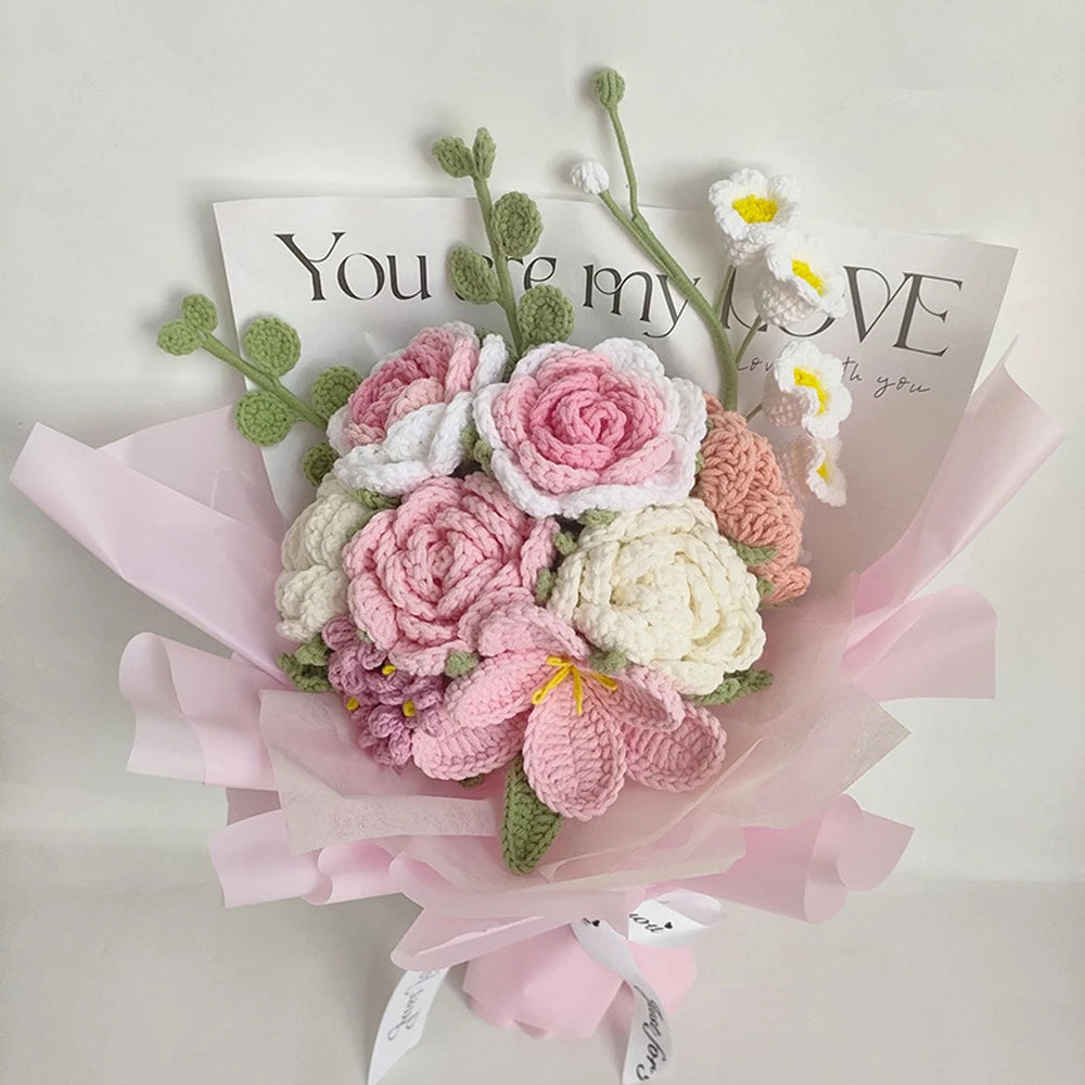 bouquet fleurs tricotées main blanc rose vert artisanal intérieur mariage anniversaire