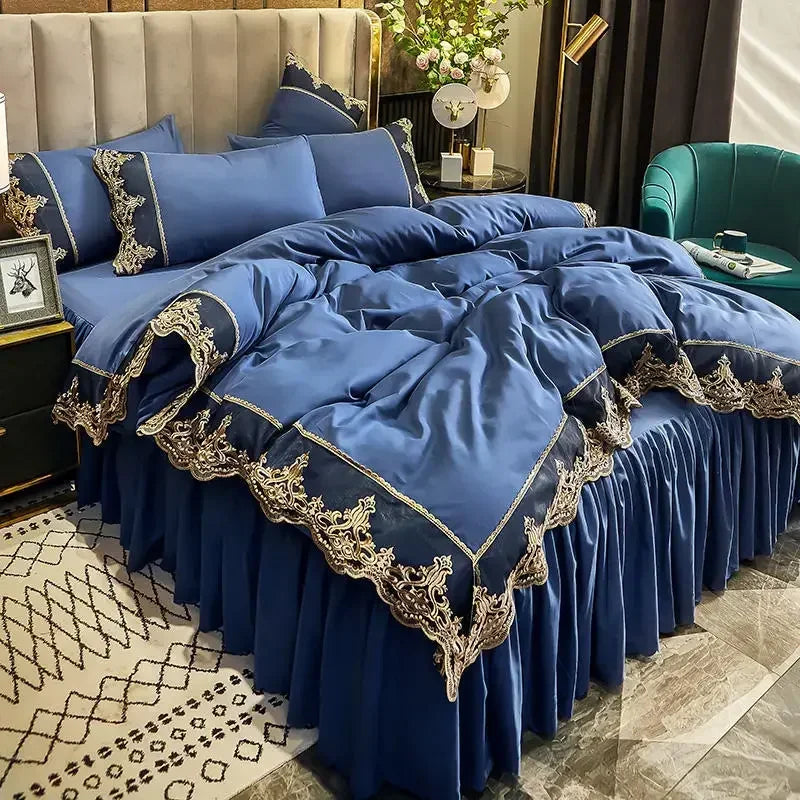 ensemble literie complet couvre lit bleu marine broderie dorée drap taies oreiller classique