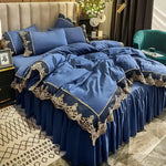 ensemble literie complet couvre lit bleu marine broderie dorée drap taies oreiller classique