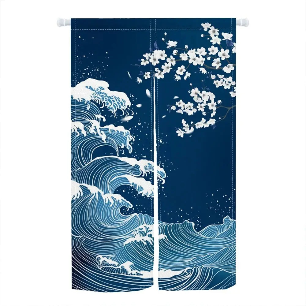 rideau porte art japonais ondes fleurs cerisier opacité anneaux bleu marine blanc rouge