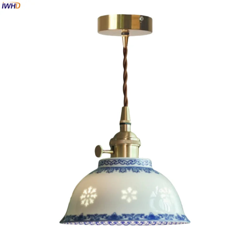 lampe suspendue céramique fleurs blanc bleu canopée cuivre classique 4w max 60w e27