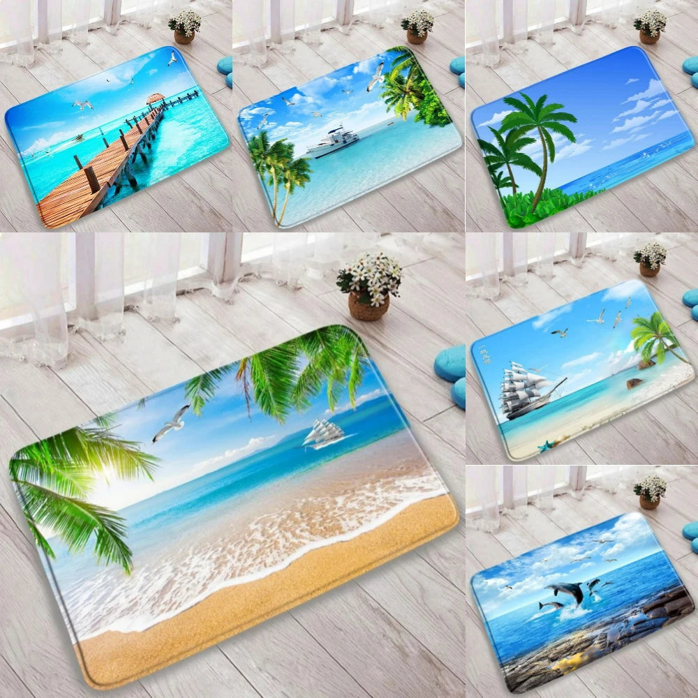 tapis sol décoratif paysage plage océan moderne antidérapant intérieur extérieur bleu 40x60 cm
