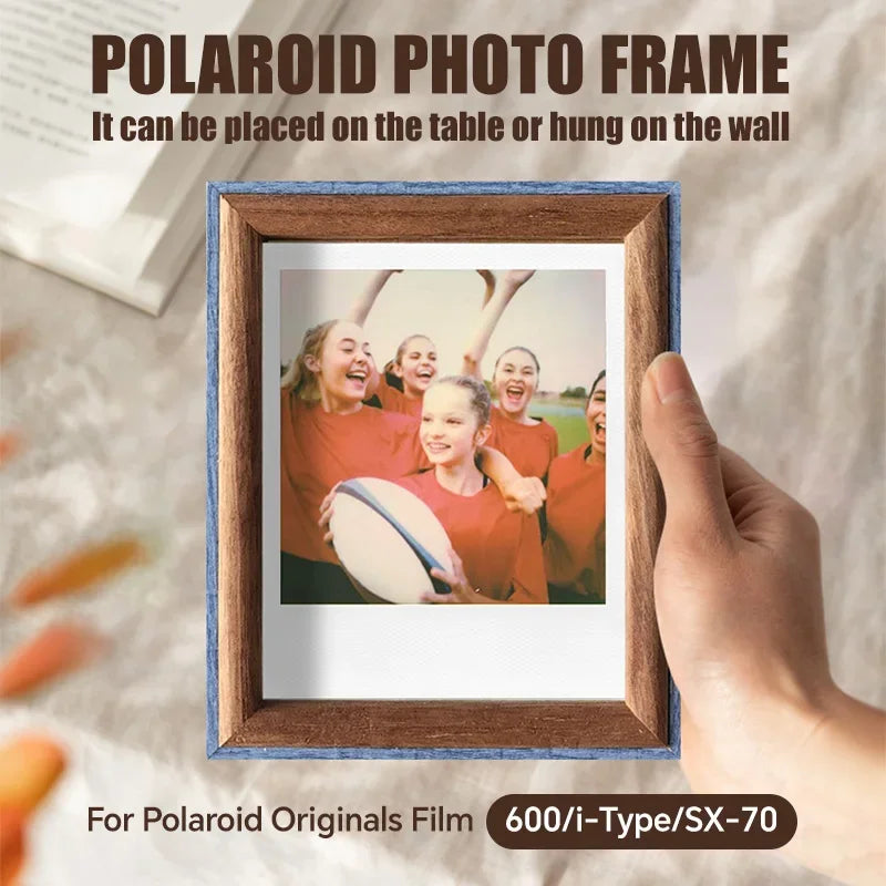 cadre photo polaroid marron bleu gris bois vieilli protection acrylique crochets métalliques film photo
