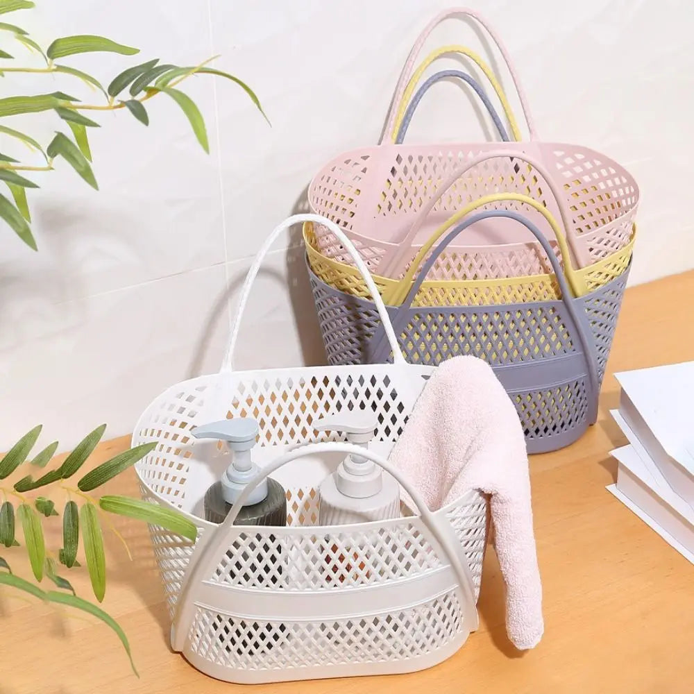 panier rangement maille géométrique blanc rose jaune gris moderne poignées détachables utilisation multiple portable
