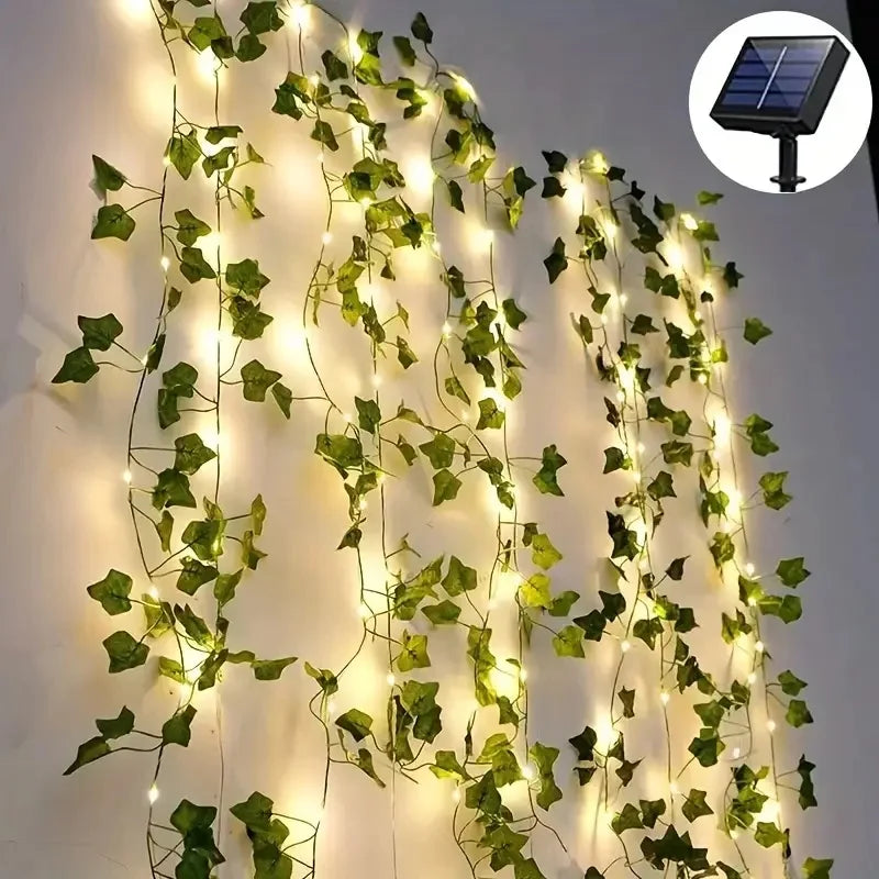 guirlande lumineuse solaire 100 led feuilles vertes lierre moderne clips autoinstallation jardin decoration