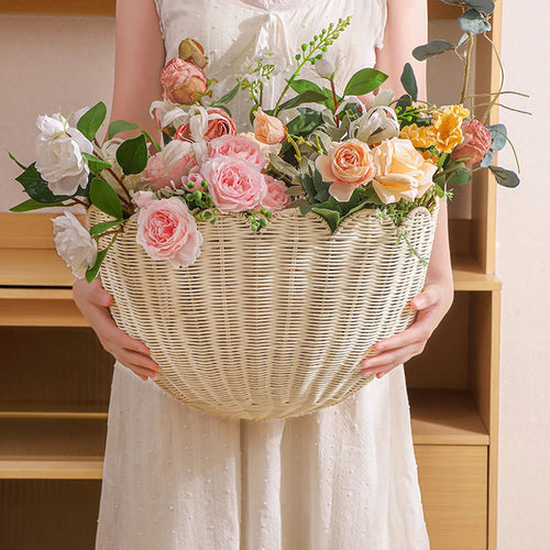 panier rangement tressé bambou beige clair fixé mur traditionnel farmhouse boho