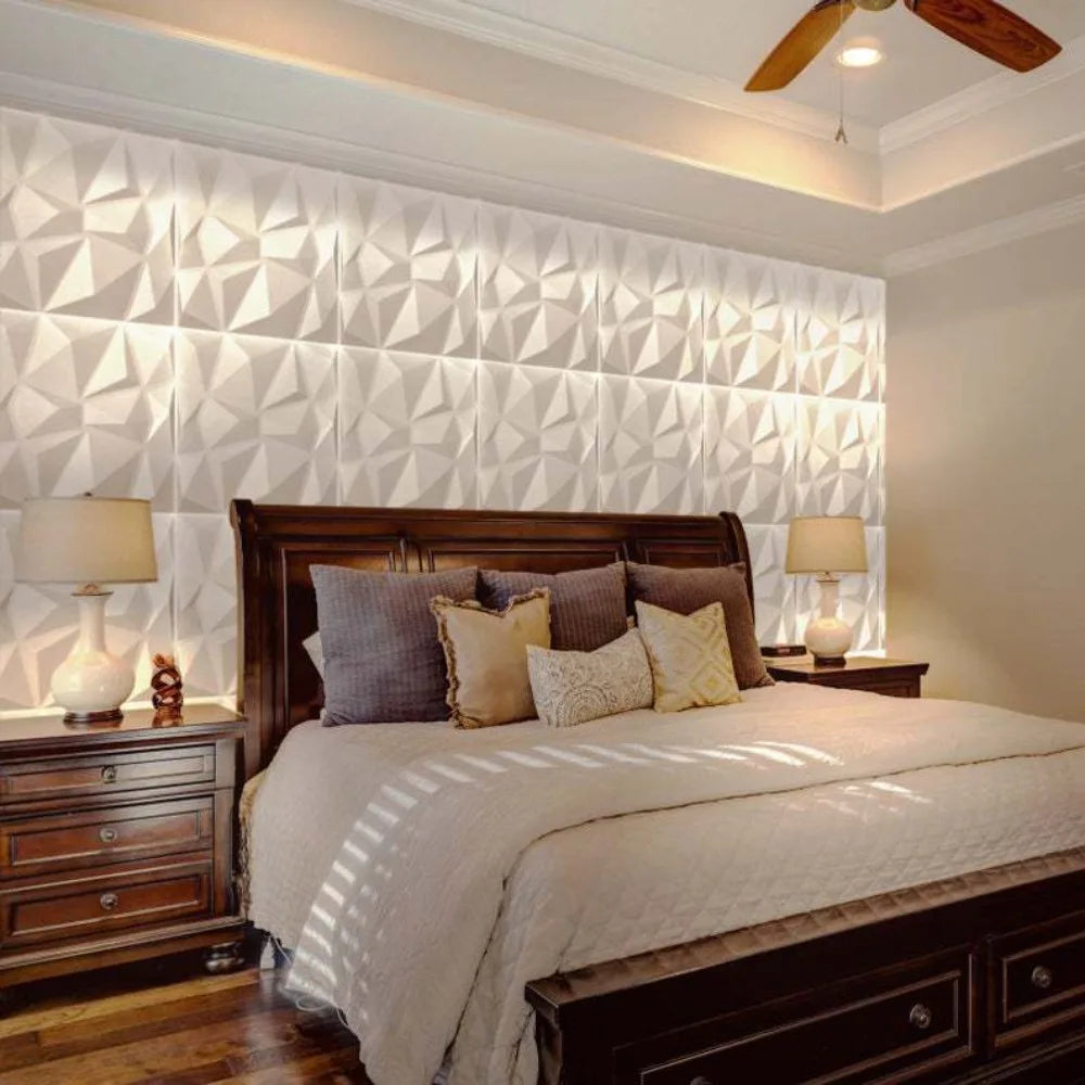 panneau mural moderne blanc triangles géométriques adhésif décoration intérieure relief PVC