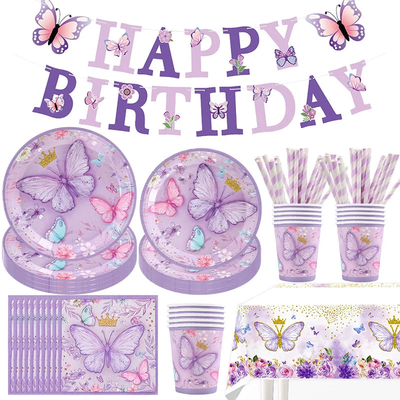 vaisselle jetable fête anniversaire papillons violets roses fleurs couronnes paillettes dorées assiettes tasses serviettes