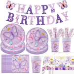 vaisselle jetable fête anniversaire papillons violets roses fleurs couronnes paillettes dorées assiettes tasses serviettes