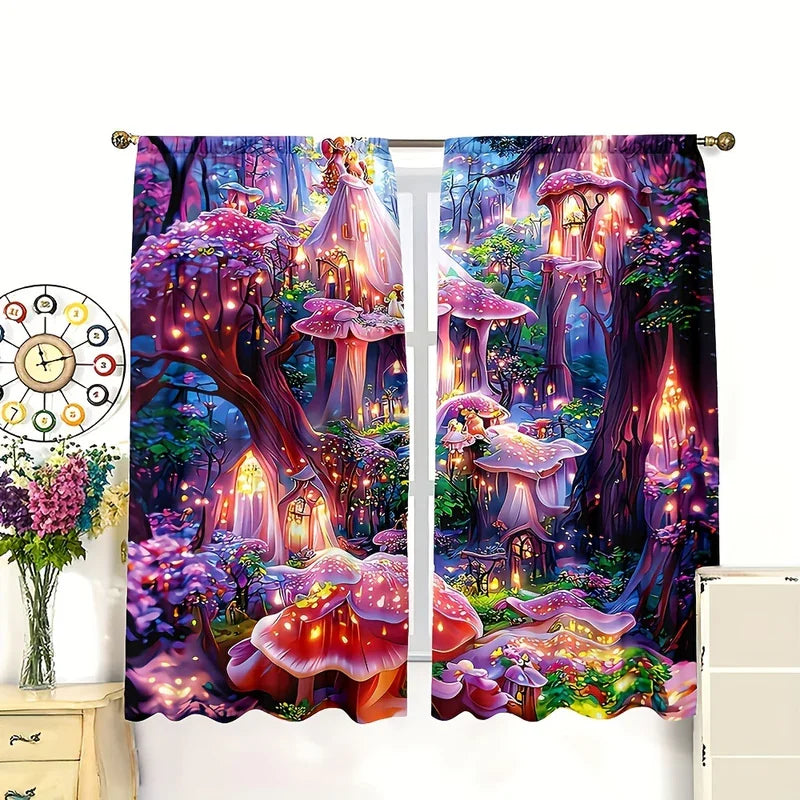 rideaux imprimés forêt magique champignons géants arbres lanternes enfants violet rose vert blanc fantaisie