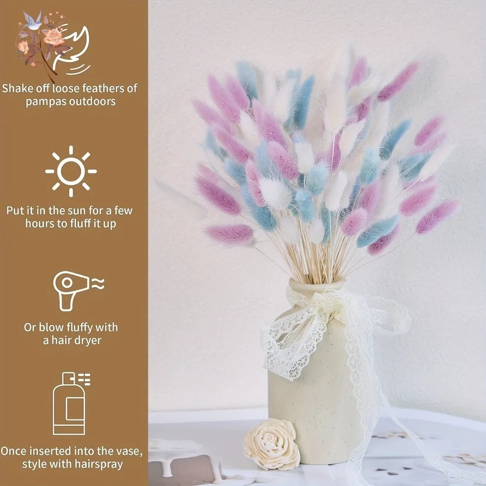 bouquet pampas séchés blanc rose bleu boho fluffly décoration maison anniversaire mariage party