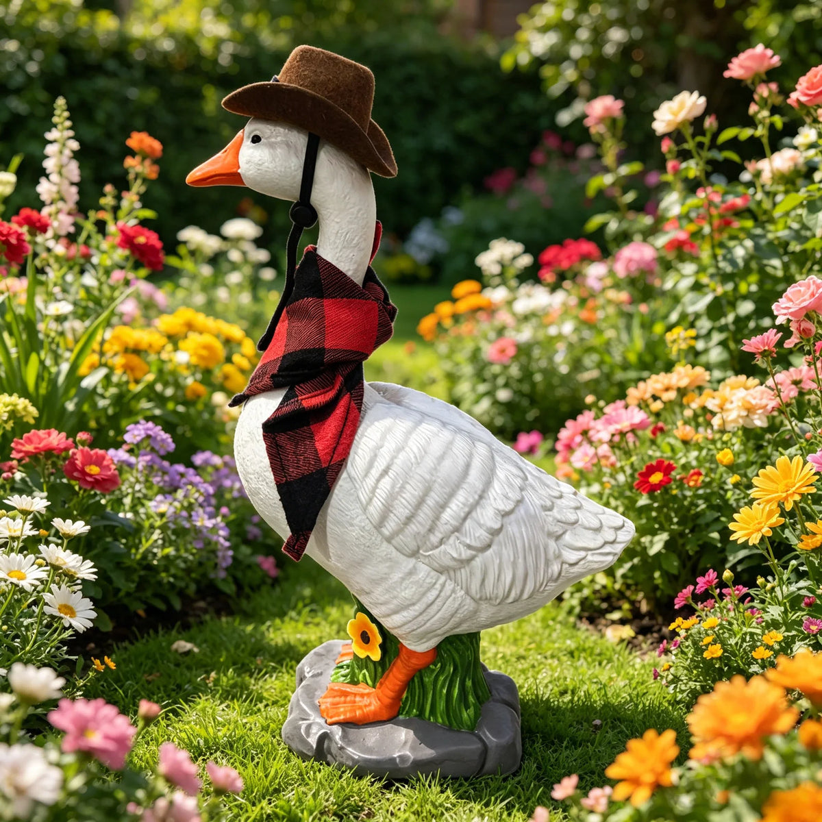 statue oie blanche plumes chapeau cow boy cravate motif floral rustique extérieur