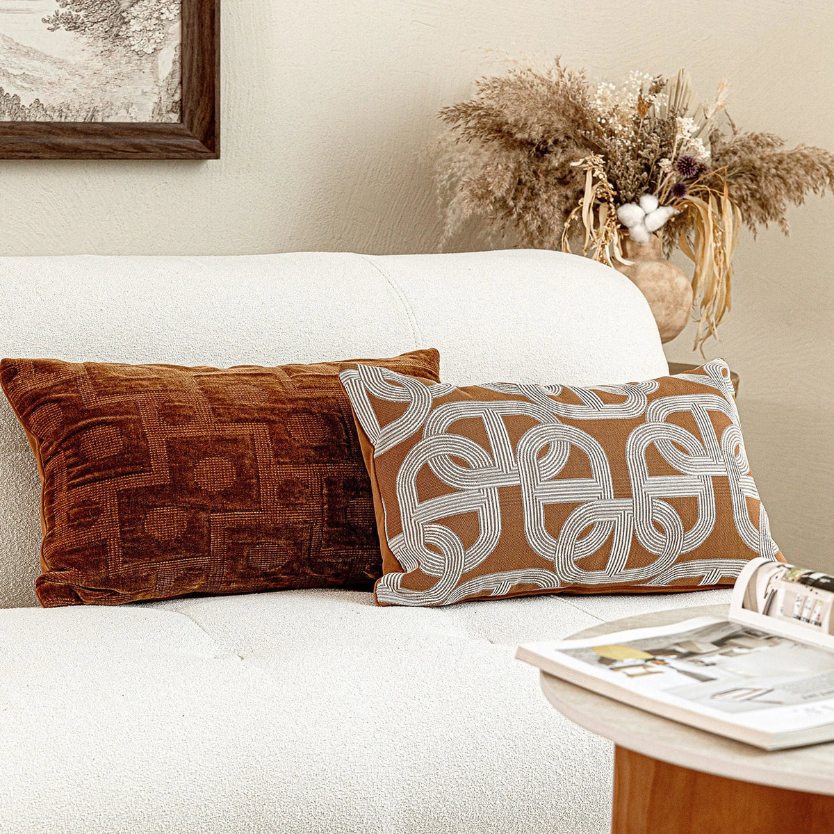 housse coussin rectangle polyester marron motif géométrique blanc contemporain décoration intérieure voiture