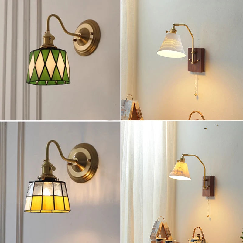 lampe murale vintage tiffany abat jour papillon vert jaune blanc doré